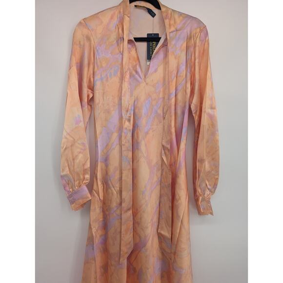 NWD Polo Ralph Lauren Rily 100% Silk Tie Collar Maxi Dress Sz 4 Peach Dye #1H458 - Picture 5 of 14